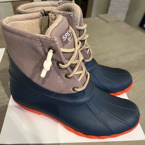 Womens Sperry Top Sider Rain Boots Size 8 Blue and Tan. Orange Soles.